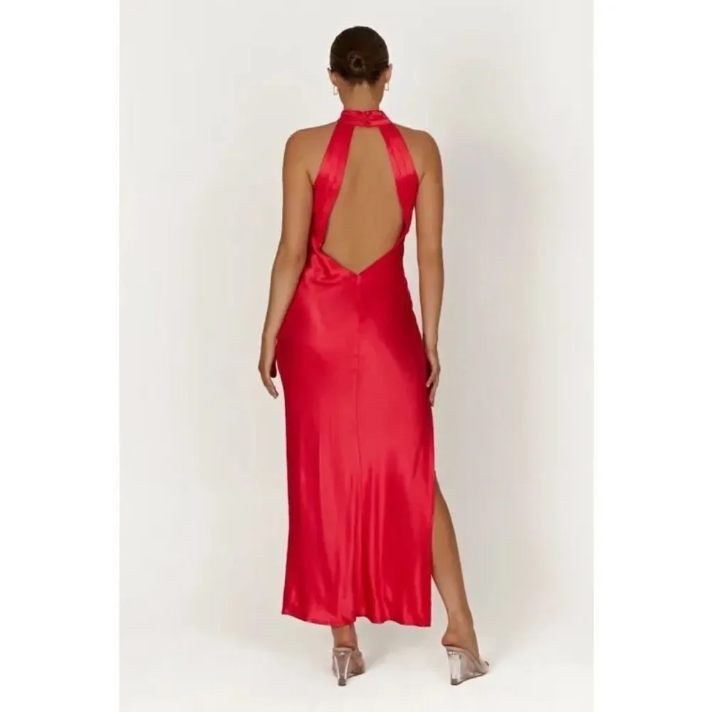 ✨MESHKI CLAIRE SATIN DRAPE BACK MAXI SZ XL DRESS WITH SPLIT✨ - Picture 5 of 9